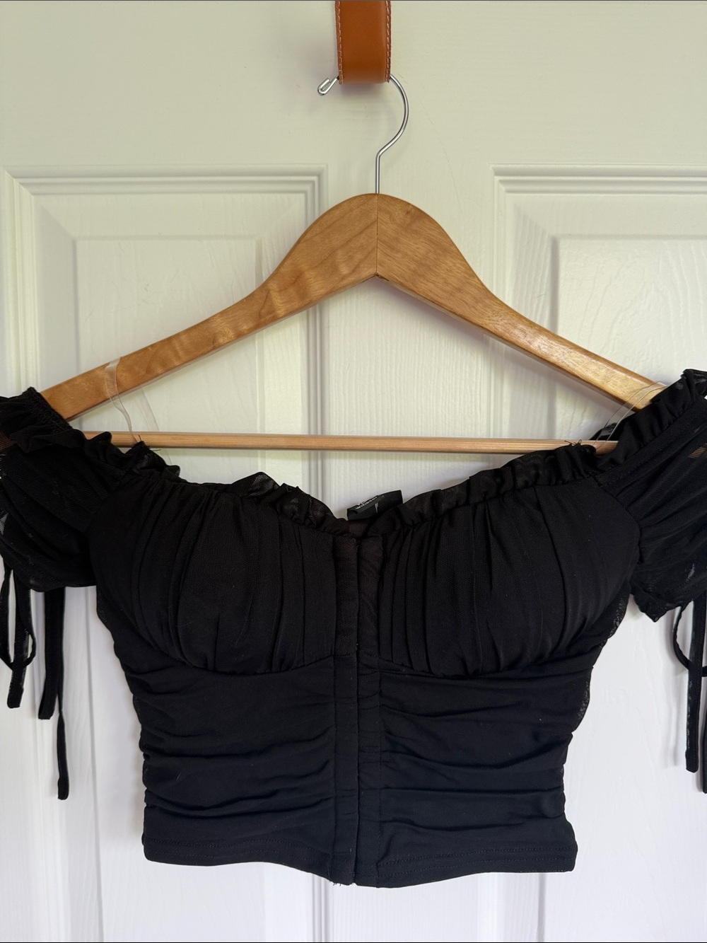 Windsor Black Off-Shoulder Ruched Tie-Sleeve Crop Top